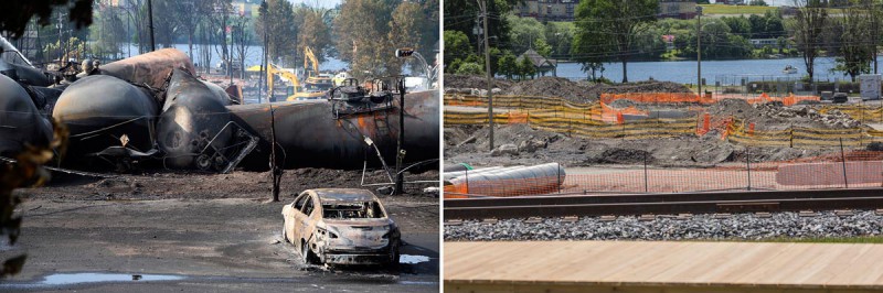 A burnt out vehicle sits near the wreckage of a train car following a train derailment in Lac Megantic Quebec